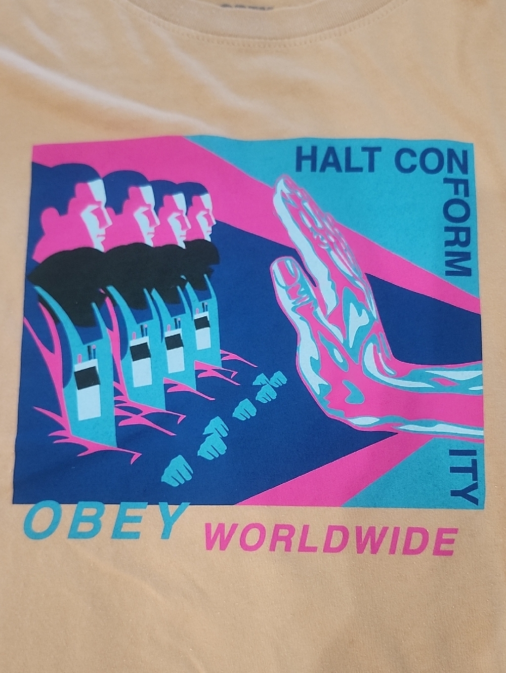 NWT Obey Graphic Print Indie Grunge Streetwear Pink Teal Tan Organic Cotton Smal